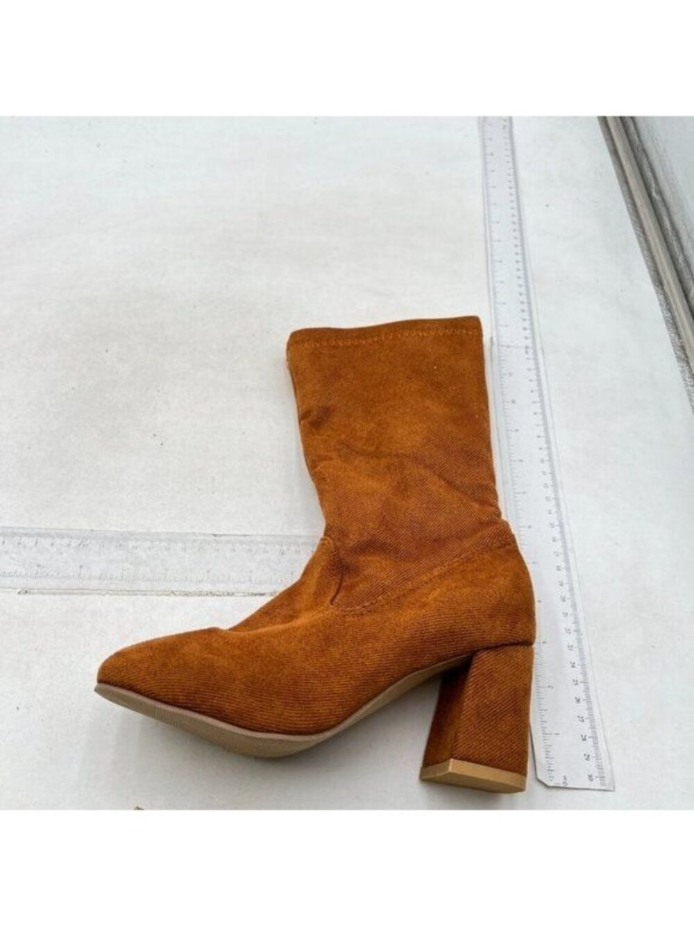 Womens High Heel Boots Mid Calf Suede Slip on Chunky Block Round Toe Boot Brown
